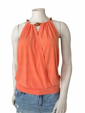 Women/ Teen Orange Halter Top with Beaded Neckline and Wrap Front